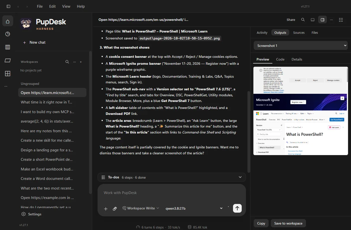 PupDesk browsing Microsoft Learn, with the page screenshot shown in its Outputs panel