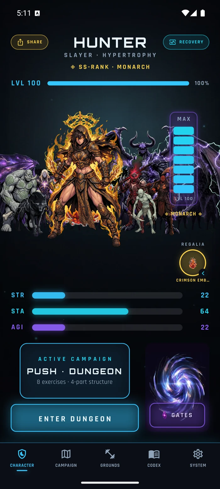 VoidRise character sheet showing rank, stats and active campaign